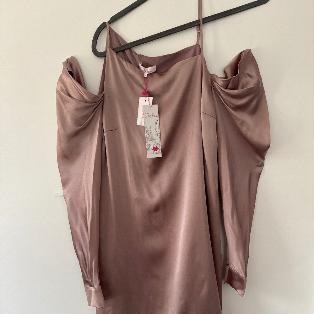 PARKER silk off-shoulder mini dress